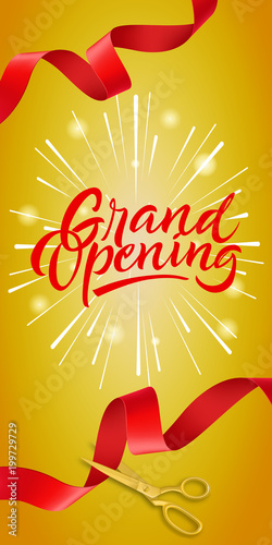 Grand opening vertical banner design with gold scissors cutting red ribbons on yellow background. Lettering can be used for invitations, signs, posters.