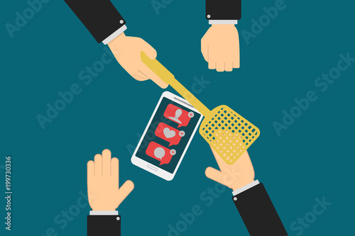 Executive hands prevent the employee from receiving and opening notifications on their smartphone, distractions at work, the concept of information security in companies