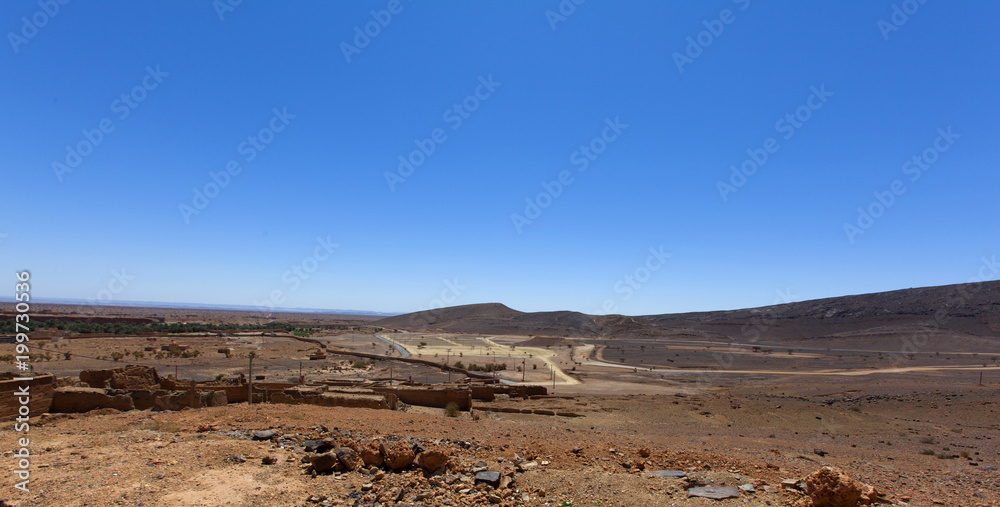 scenic desert landscape in Morocco, assa-zag, moroccan rocky desert landscape with plants and mountain range