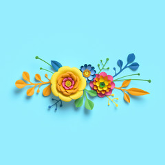 3d render, craft paper flowers, festive floral bouquet, horizontal border, botanical arrangement, bright candy colors, nature clip art isolated on sky blue background, decorative embellishment