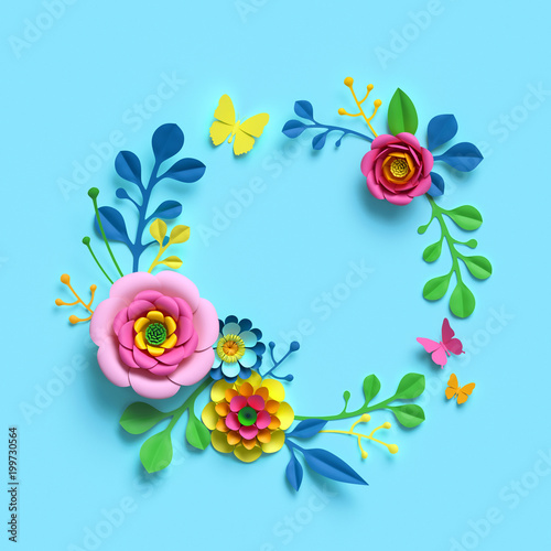 Fototapeta Naklejka Na Ścianę i Meble -  3d render, craft paper flowers, round floral wreath, botanical arrangement, blank space frame, bright candy colors, nature clip art isolated on sky blue background, decorative embellishment