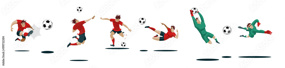Soccer Players Kicking Ball and goalkeepers. Set Collection of different poses.