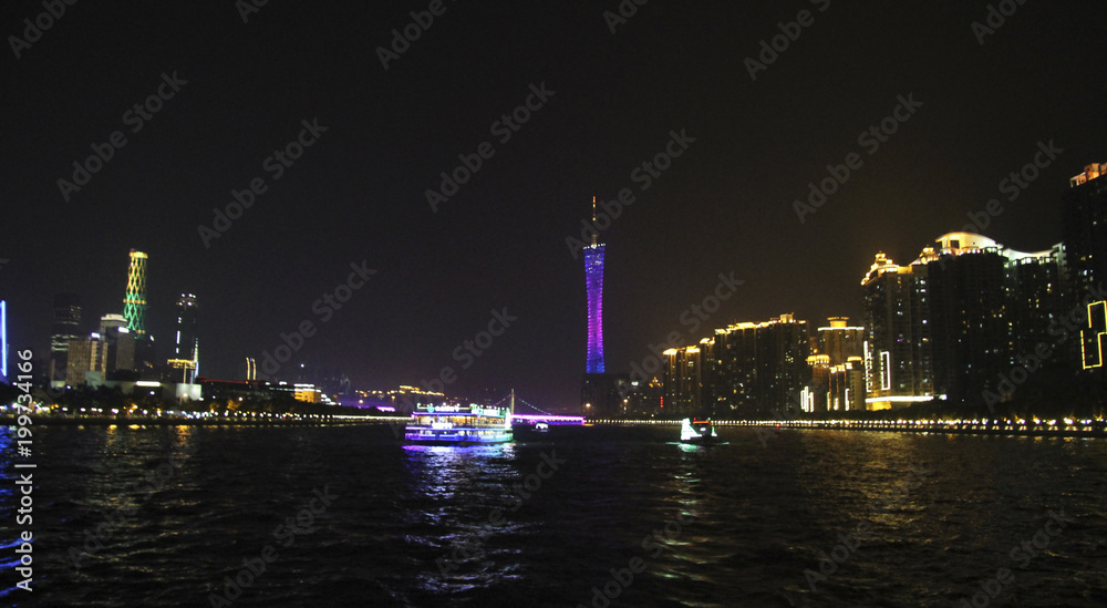 Canton tower in the night at Pearl river