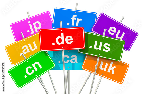 Colored road signs with country code top-level domain names, 3D rendering photo