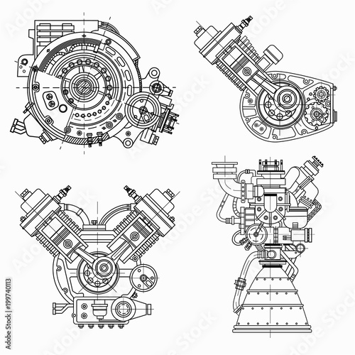 Set of drawings of engines - motor vehicle internal combustion engine, motorcycle, electric motor and a rocket. It can be used to illustrate ideas of science, engineering design and high-tech