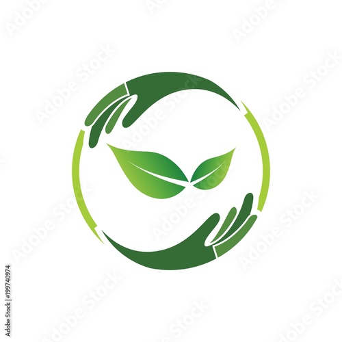 green recycle logo design with hand and leaf