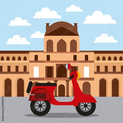 landmark lovre museum and motorcycle architecture vector illustration