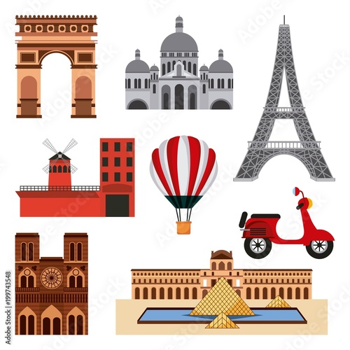 landmarks of the world collage of monuments in france vector illustration