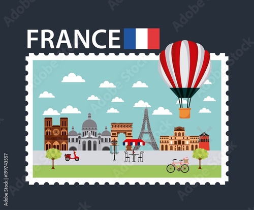 landmarks of the world postcard of france monuments city trees vector illustration