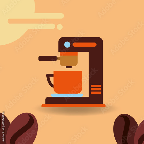 coffee maker with cup and beans product vector illustration
