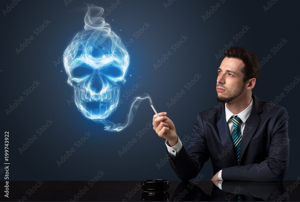 Businessman smoking with skull simbol above his head. Businessman smoking with skull simbol above his head.