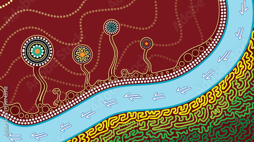 An illustration based on aboriginal style of dot painting depicting kangaroo track, trees and river