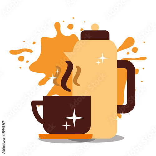 coffee cup on dish with thermos with splashes background vector illustration