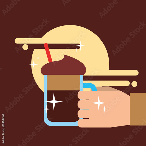 hand holding coffee macchiato foam and straw vector illustration