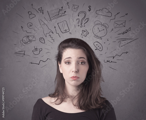 A dark brown haired pretty teenage girl with thoughts in her head illustrated by question mark, rocket, money, coffee, clock, email, social life icons drawn on the background wall concept.