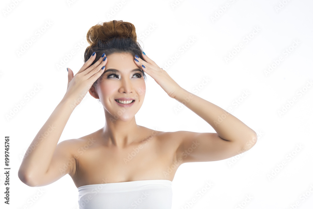 Happy beautiful asian girl with the fresh skin in white background. Expressive facial expressions. Cosmetology and Spa concept. Happy beautiful asian girl with the fresh skin in white background. Expressive facial expressions. Cosmetology and Spa concept.