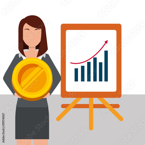 business woman holding coin money and presentation board diagram statistics vector illustration