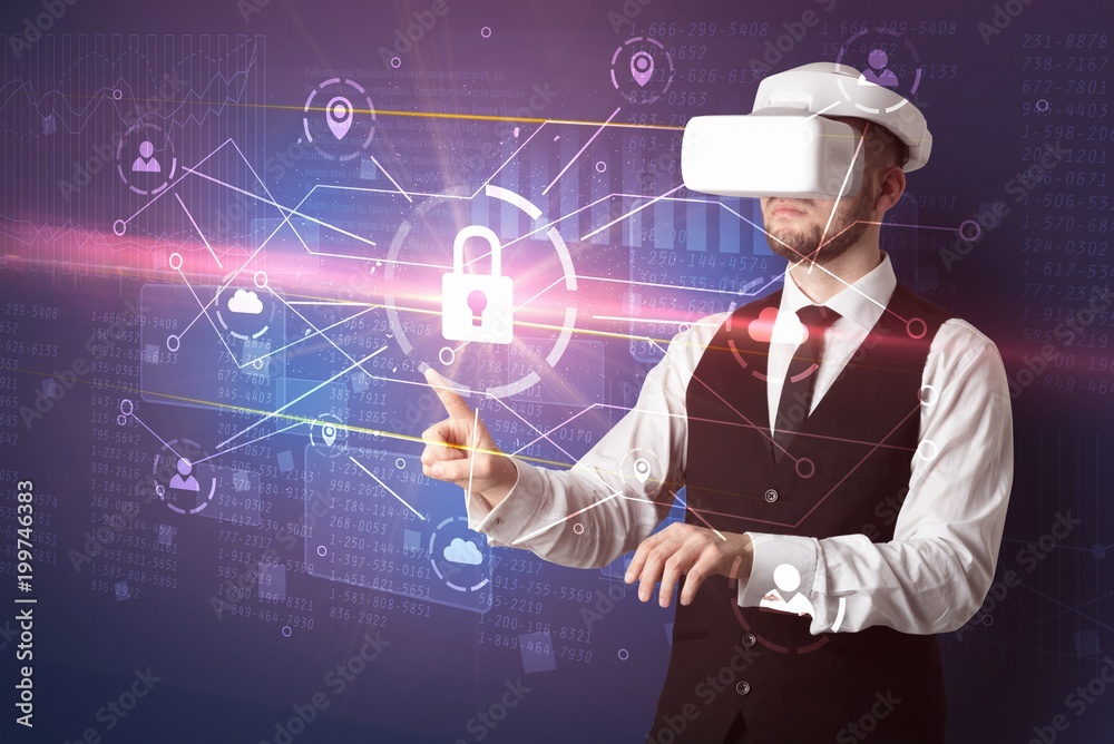 Businessman with DJI goggles controlling 3D illustrated network, and series on the background
Businessman with DJI goggles controlling 3D illustrated network, and series on the background