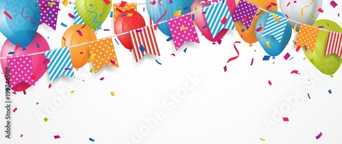 Colorful birthday balloon with bunting flags and confetti