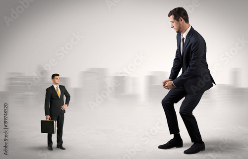 Giant businessman being afraid of small serious executor with suitcase 