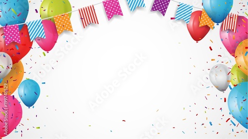 Colorful birthday balloon with bunting flags and confetti