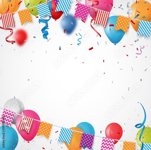 Colorful birthday balloon with bunting flags and confetti