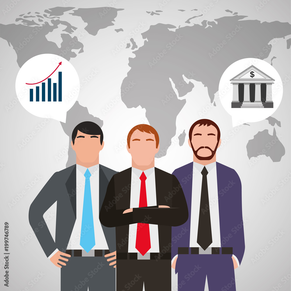 three businessman in suit standing with world map vector illustration three businessman in suit standing with world map vector illustration