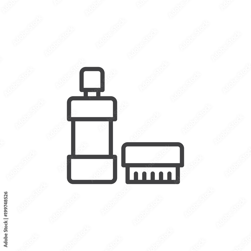 Detergent bottle and cleaning brush outline icon. linear style sign for mobile concept and web design. Cleaning service simple line vector icon. Symbol, logo illustration. Pixel perfect vector Detergent bottle and cleaning brush outline icon. linear style sign for mobile concept and web design. Cleaning service simple line vector icon. Symbol, logo illustration. Pixel perfect vector
