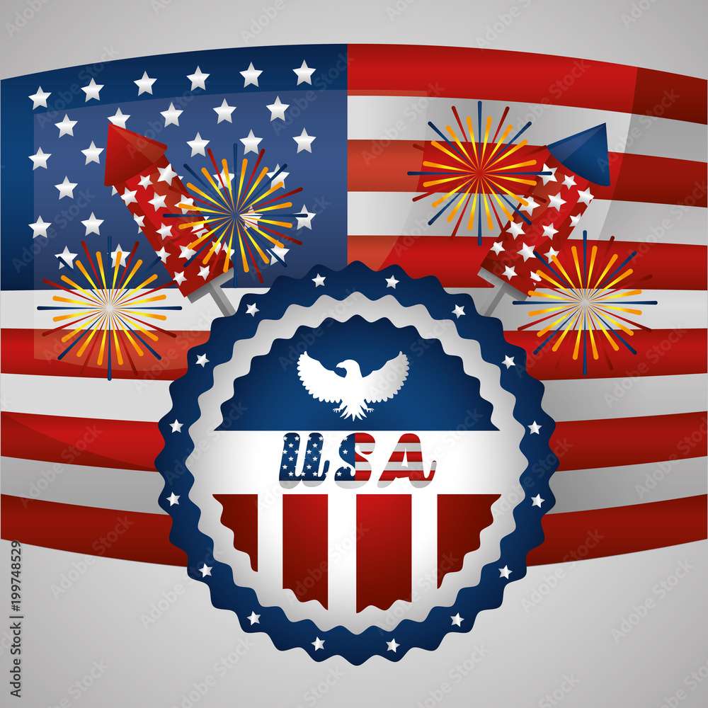 Obraz premium happy independence celebration artificial rockets fireworks usa flag vector illustration