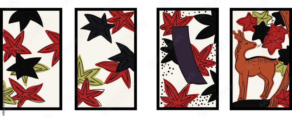 花札のイラスト 10月紅葉 紅葉に鹿 日本のカードゲーム ベクターデータ 手描き フリーハンド Stock ベクター Adobe Stock