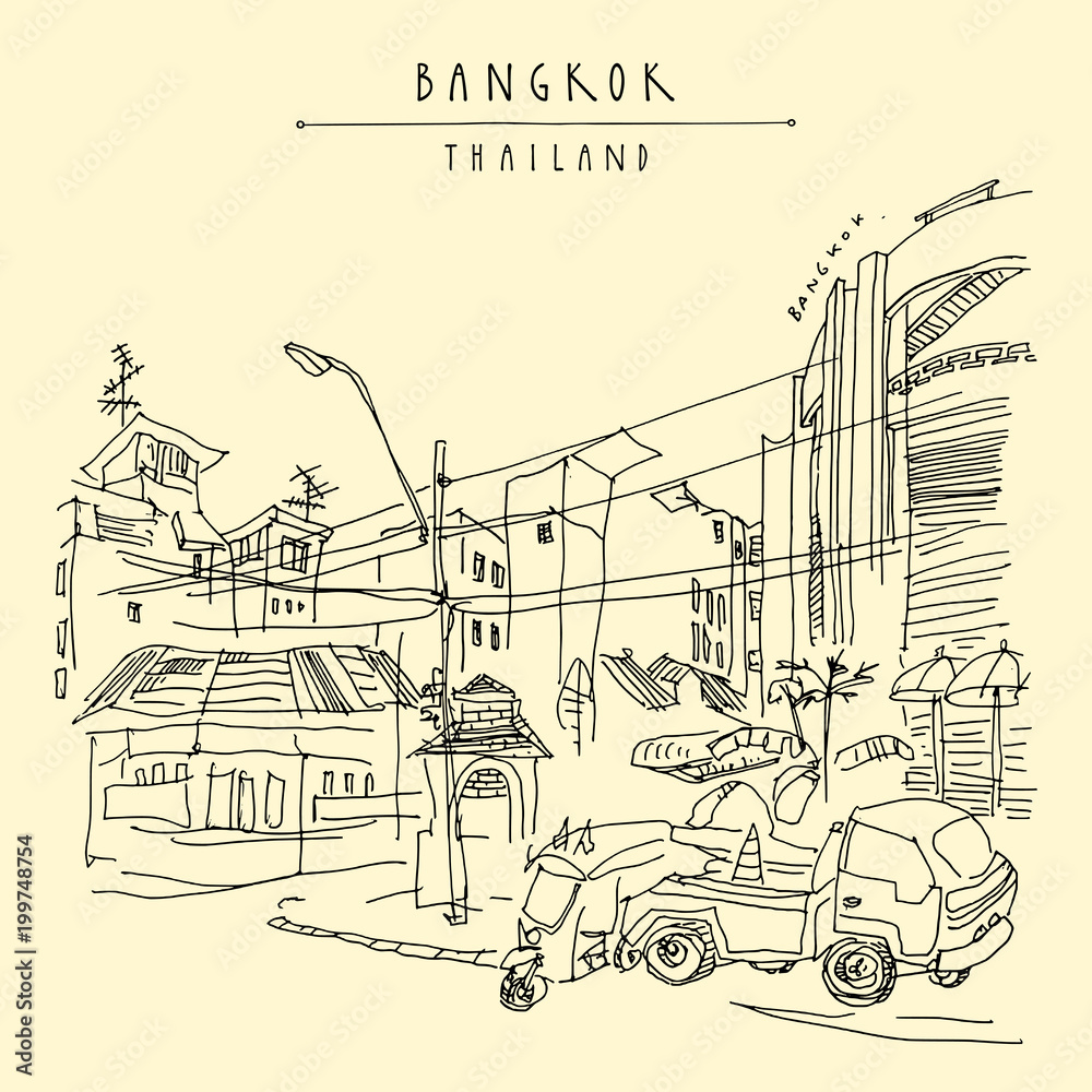 Bangkok, Thailand. Khaosan touristic area. Travel sketch. Hand drawn vintage travel postcard or poster, book illustration