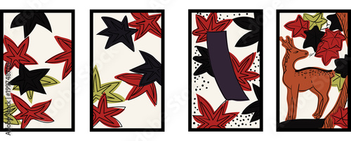 花札のイラスト 10月紅葉 紅葉に鹿 日本のカードゲーム ベクターデータ 手描き フリーハンド Stock Vector Adobe Stock