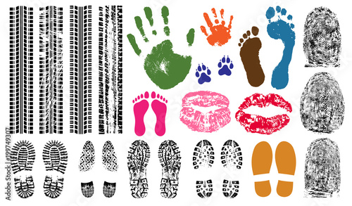 Handprint, footprint, fingerprint, print of the lips, tire tracks. Imprint set collection evidence. Vector illustration