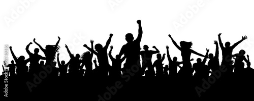 Joyful mob. Crowd cheerful people silhouette. Applause crowd. Happy group friends of young people dancing at musical party, concert, disco. Sports fans, applause, cheering. Vector on white background