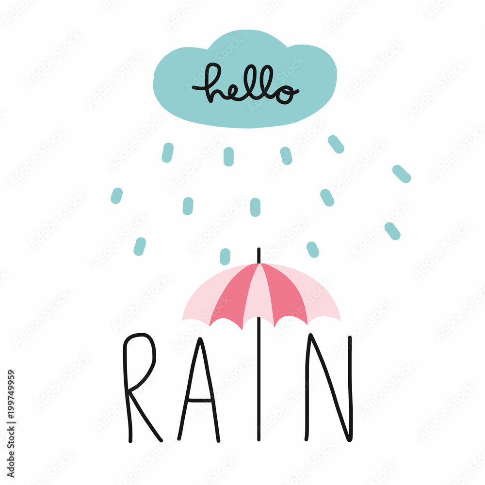 Hello rain cloud and umbrella cartoon vector illustration doodle style