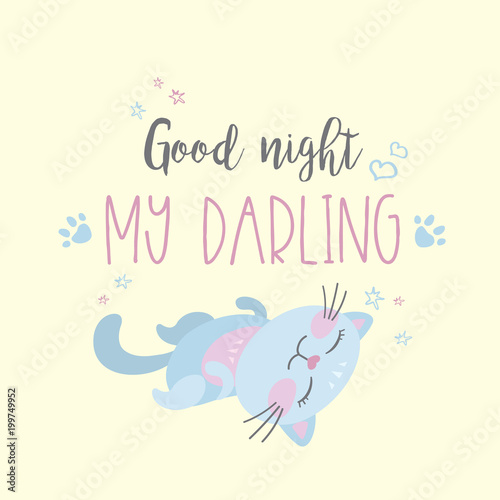 Plakat Zabawny ładny kot z napisem dobranoc kochanie.