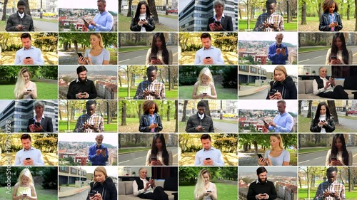 4K compilation (montage) - group of people work on smartphones in various environments
