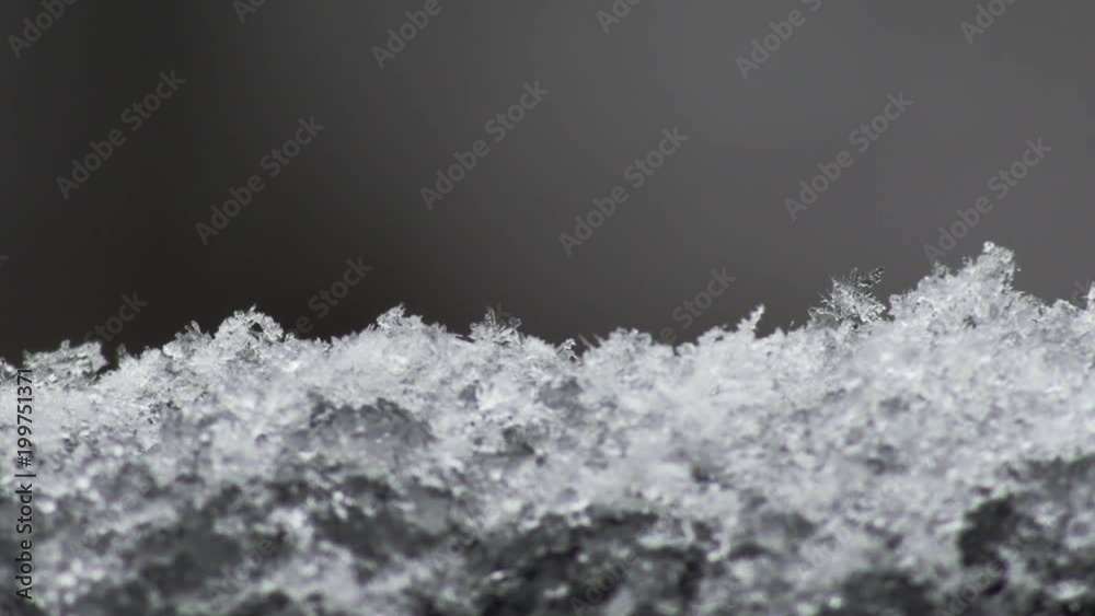 Macro shot of wet snow falling and building up, the crystalline structure of some flakes are evident, as they slowly melt and turn to slush. Macro shot of wet snow falling and building up, the crystalline structure of some flakes are evident, as they slowly melt and turn to slush.