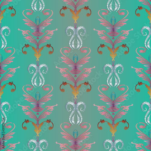 Embroidery damask seamless pattern. Baroque style floral vector tapestry background. Vintage embroidered flowers  leaves  swirls  scrolls. Antique fancywork ornaments. Grunge hatching texture