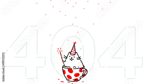 Cartoon funny cat on page 404. Vector flat illustration. The character is isolated on a white background. Kitty in the cup. Funny kitty for the site and postcards. Mascot.