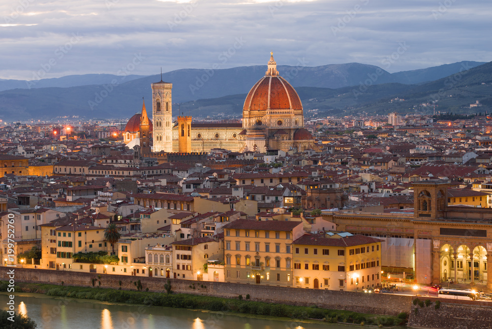 View of the Cathedral of Santa Maria del Fiore on a September evening. Florence, Italy
