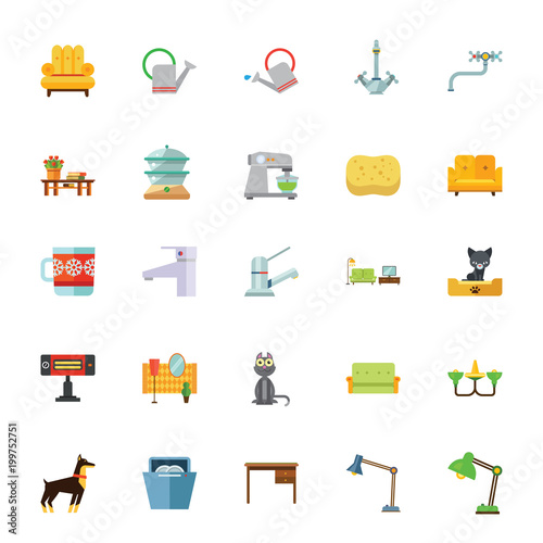Icon set of household equipment. Design, furniture, home. Domestic life symbols concept. For topics like housekeeping, interior, consumerism