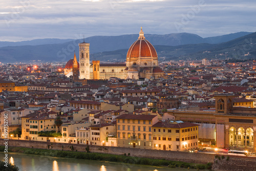 View of the Cathedral of Santa Maria del Fiore on a September evening. Florence, Italy