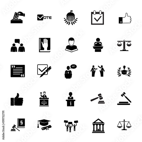 Icon set of jurisprudence signs. Court, juridical system, election campaign. Law concept. For topics like politics, justice, legislation