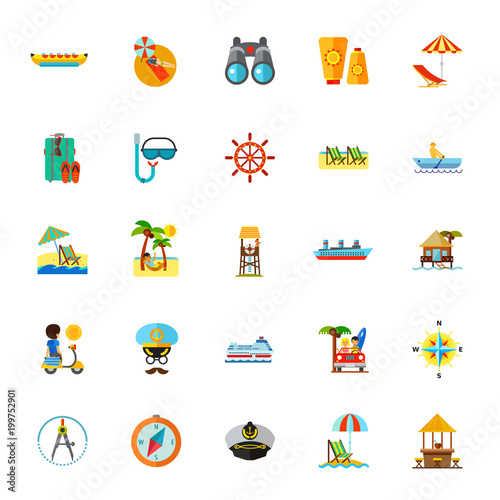 Icon set of summer resort symbols. Vacation, beach, tropical resort. Seaside concept. For topics like travel, tourism, recreation