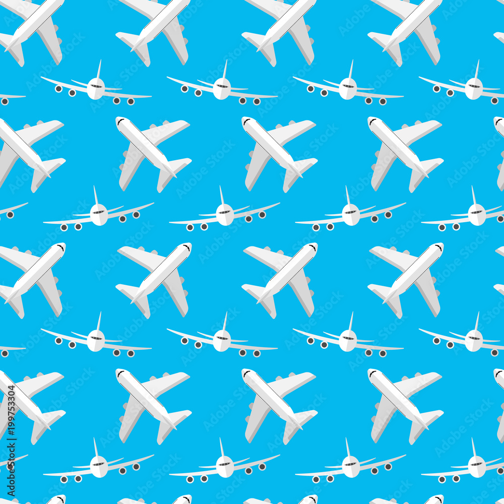 Seamless pattern for your ideas. Passenger plane in a flat style, front view, and in alternating view from above. Against the blue sky. 10 eps Seamless pattern for your ideas. Passenger plane in a flat style, front view, and in alternating view from above. Against the blue sky. 10 eps