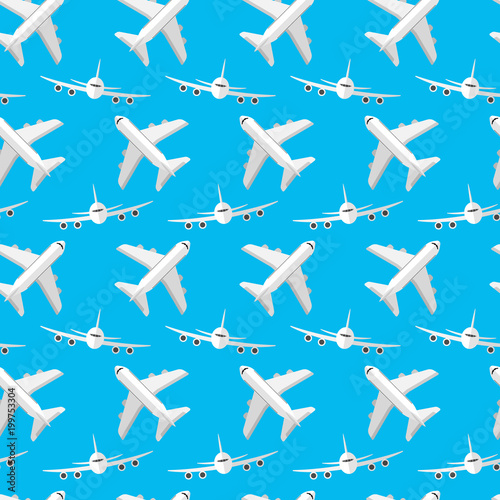 Seamless pattern for your ideas. Passenger plane in a flat style, front view, and in alternating view from above. Against the blue sky. 10 eps
