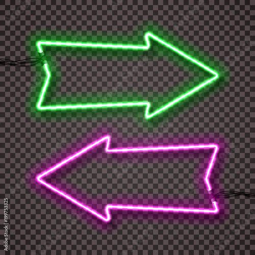 A set of two color variants of neon lamps with wires, shaped arrow pointer. Green and violet. Isolated. 10 eps
