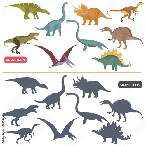 Fototapeta Naklejka Na Ścianę i Meble -  Different dinosaurs color flat and simple icons set