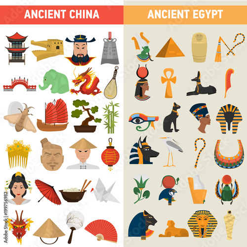 China and Egypt great civilizations color flat icons set